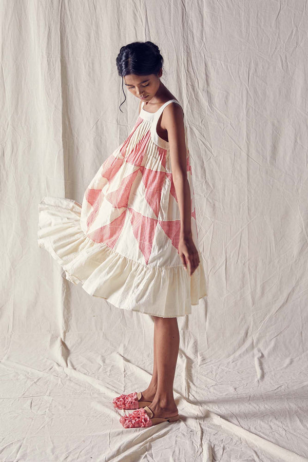 Pieced Sleeveless Summer Dress With Pleats In Red And Off White Checks Cotton Khadi Mulmul