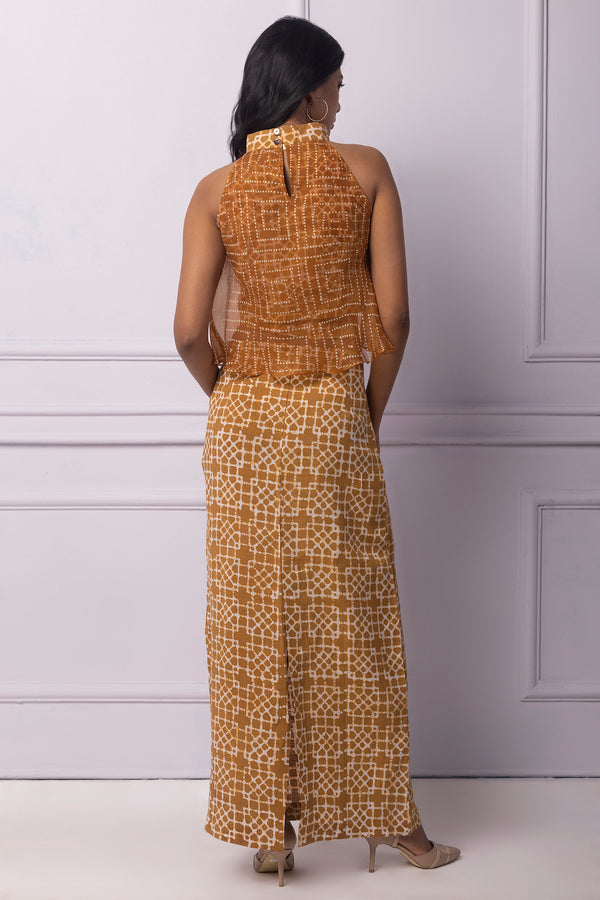 Muddy Yellow Batik Printed Linen Tube Skirt And Halter Neck Top