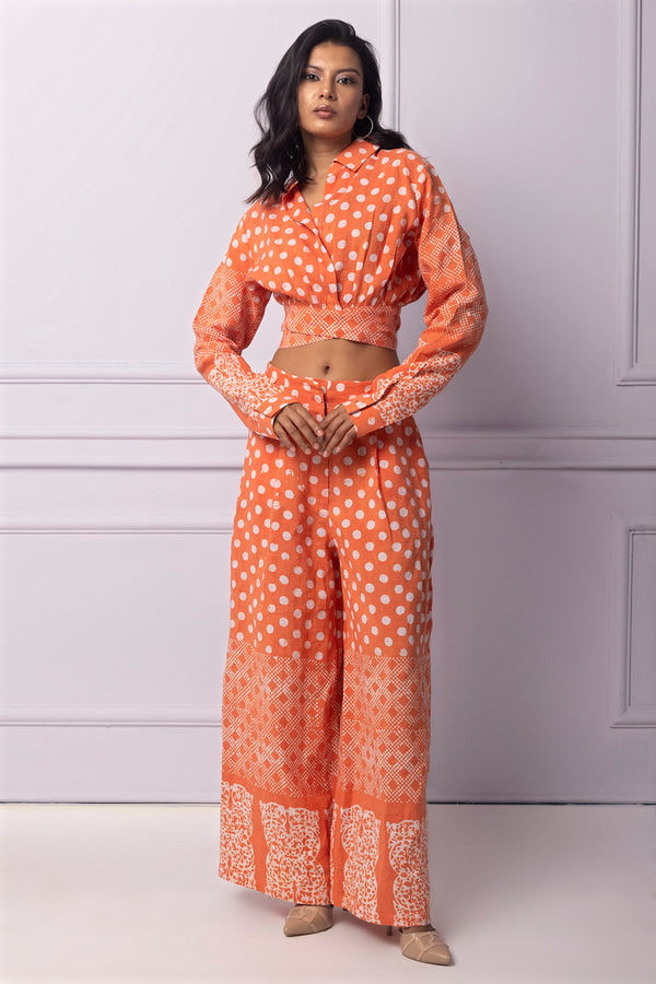 Orange Batik Printed High Waisted Wide Leg Pant And Wrap Top