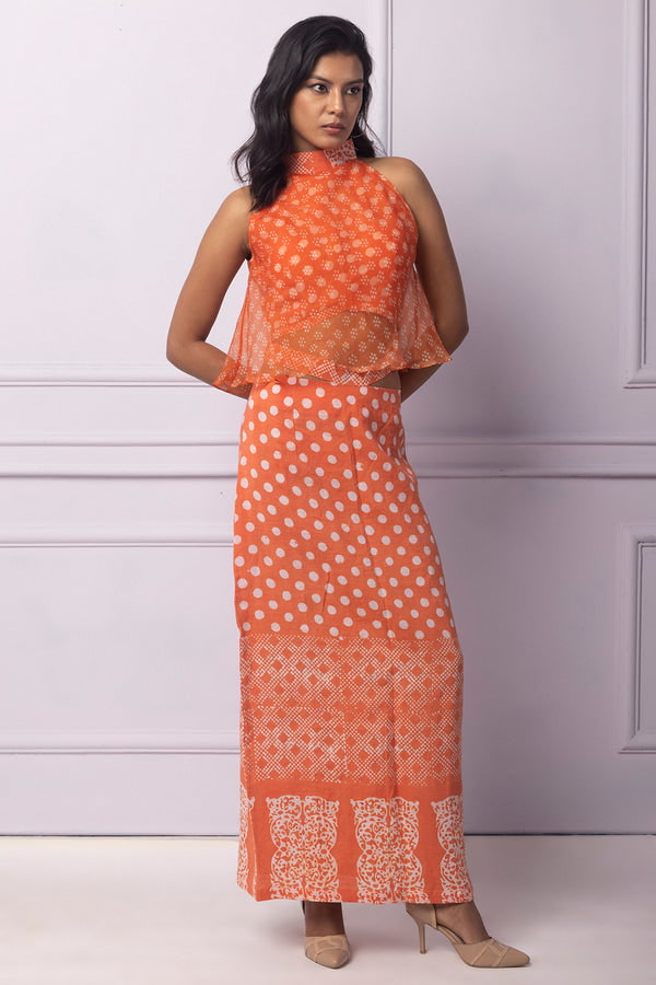 Orange Batik Printed Linen Tube Skirt With Belt And Wrap Top