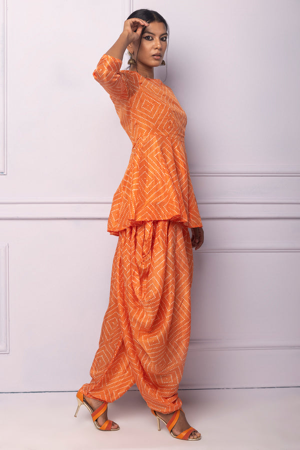 Orange Printed Dhoti Kurta Set