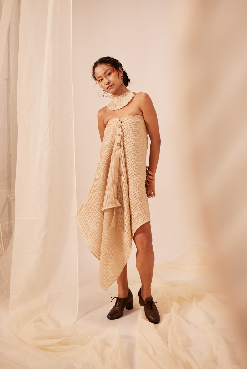 Corded Asymmetrical Silk Skirt in Off Beige