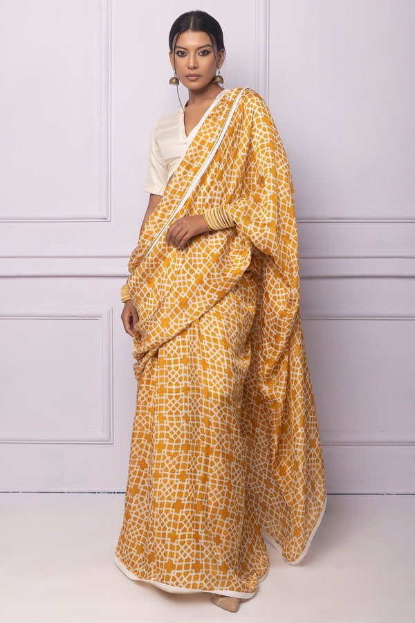 Muddy yellow Batik Printed Silk Saree