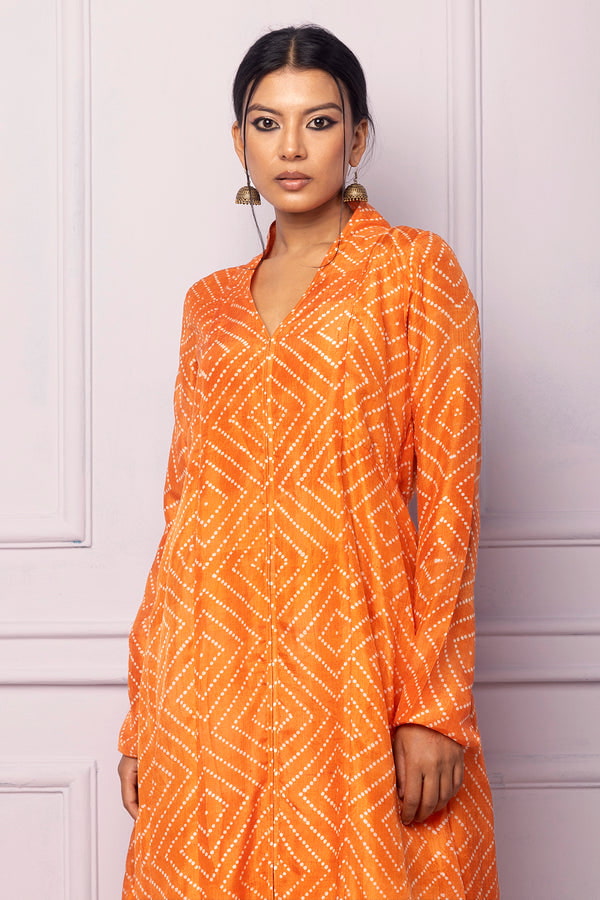 Orange Printed Silk A Line Kurti