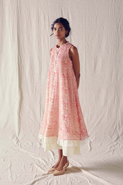 Dusted Pink Batik Sleeveless Dress In Handloom Kota Doria And Off White Checks Cotton Khadi Mulmul
