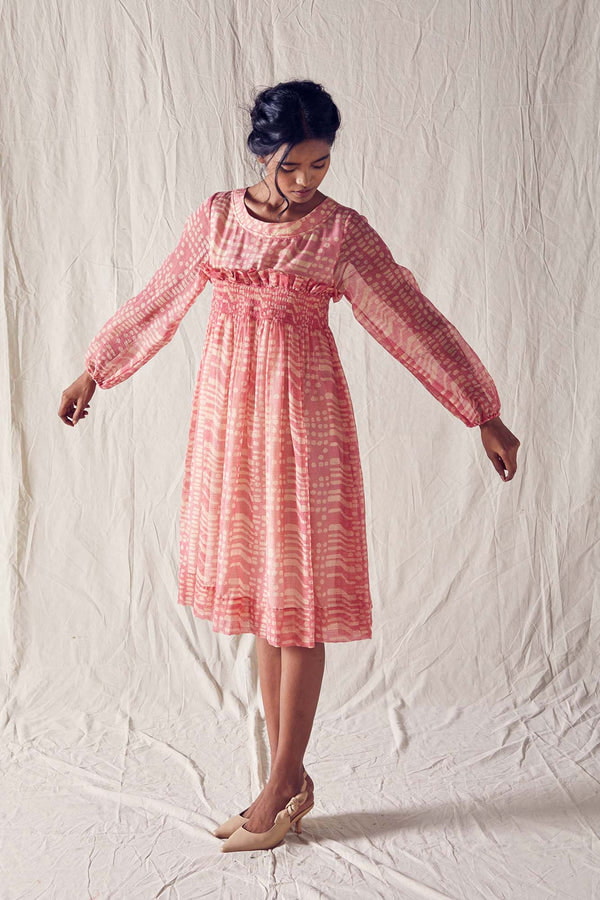 Dusted Pink Batik Smock Detail Dress In Handloom Kota Doria And Off White Checks Cotton Khadi Mulmul