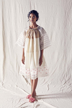 Gathered Neckline Dress In Beige Organic Cotton Off White Checks Cotton Khadi Mulmul And Silk Organza