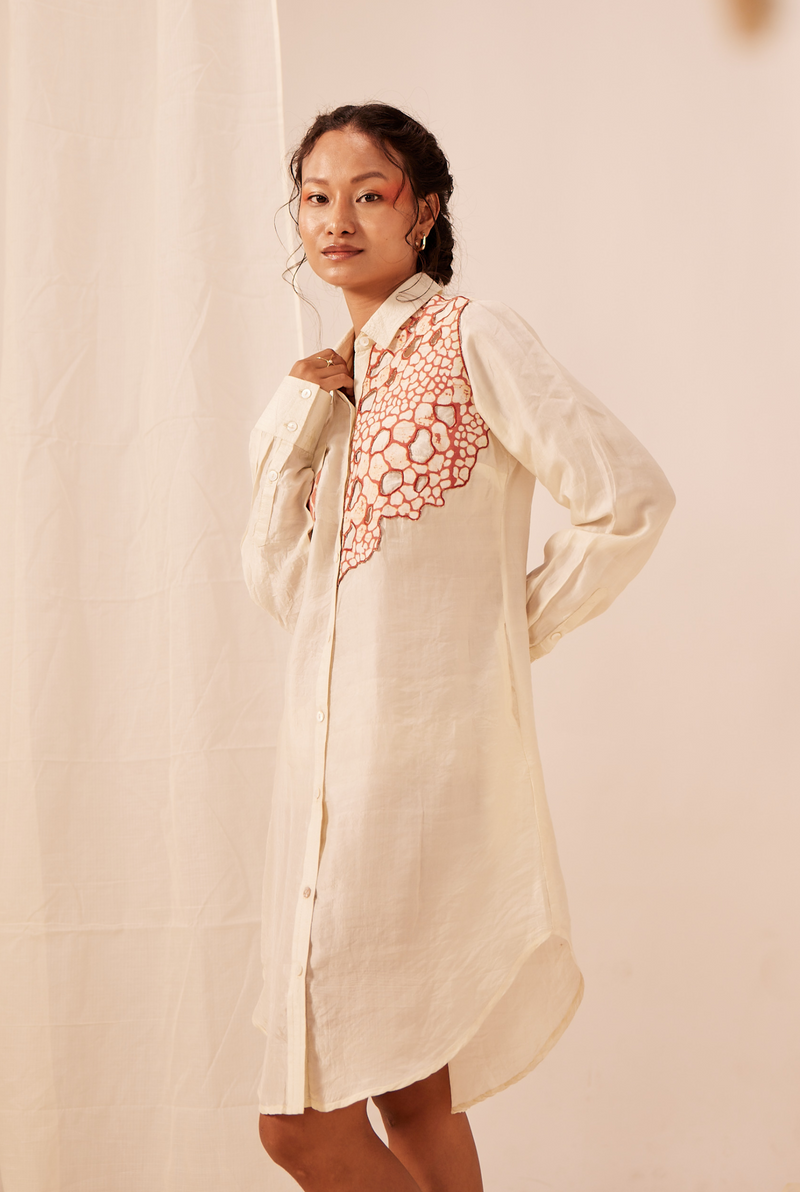 Handwoven Mulberry Silk Shirt Dress With Batik Cutwork Embroidery In Rust