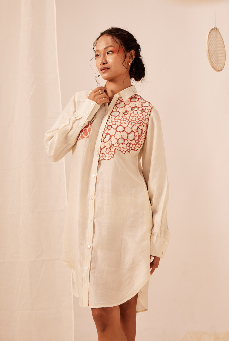 Handwoven Mulberry Silk Shirt Dress With Batik Cutwork Embroidery In Rust