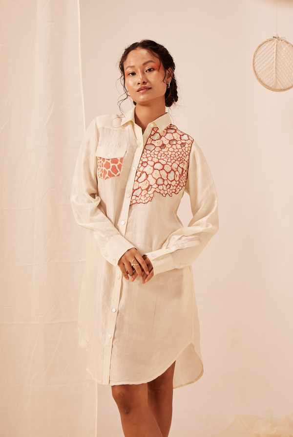 Handwoven Mulberry Silk Shirt Dress With Batik Cutwork Embroidery In Rust