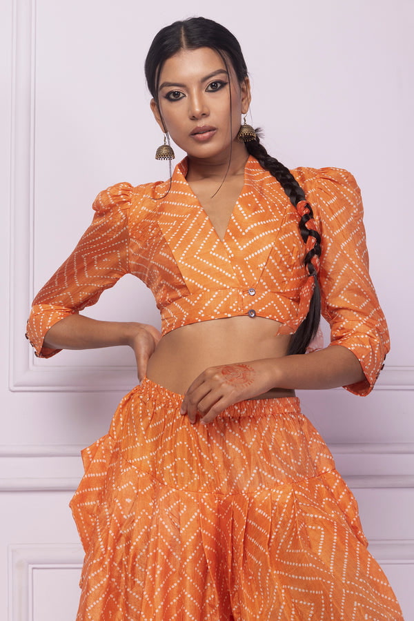 Orange Printed Silk Blouse