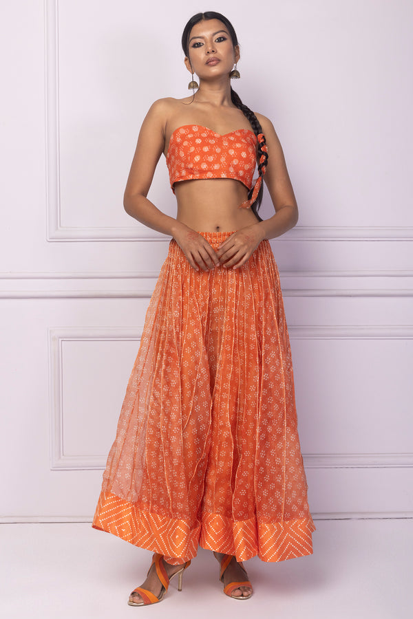 Orange Printed Linen Organza Bustier And Corded Skirt