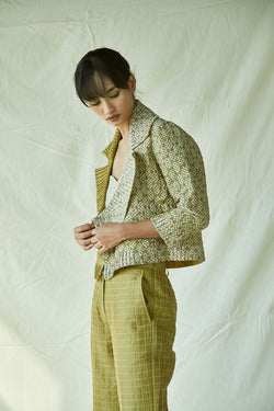 Quilted Wrap Jacket-Green In Batik On Cotton Silk Chanderi