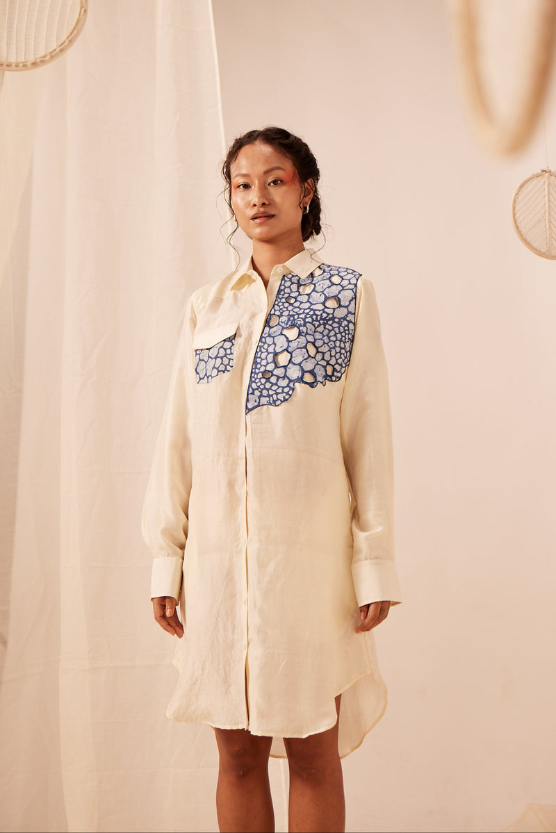 Handwoven Mulberry Silk Shirt With Batik Cutwork Embroidery In Blue