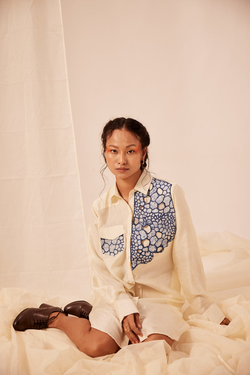 Handwoven Mulberry Silk Shirt With Batik Cutwork Embroidery In Blue