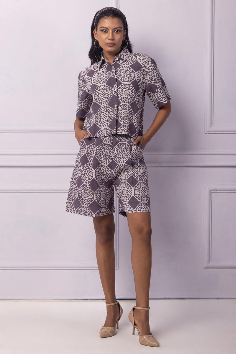 Purple Batik Printed Shorts And Boxy Shirt