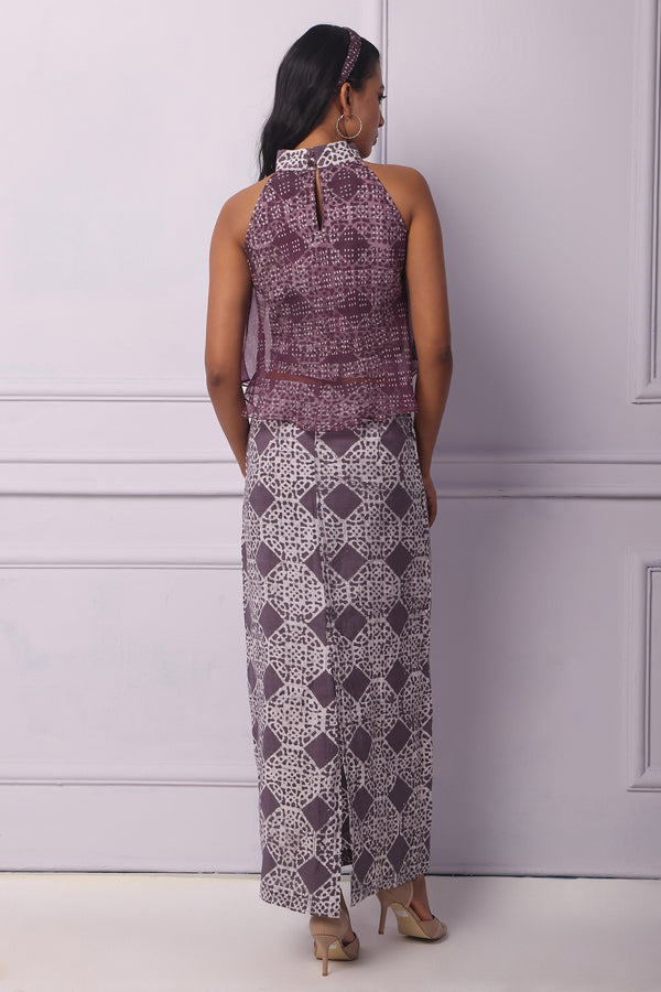 Purple Batik Printed Linen Tube Skirt And Halter Neck Top