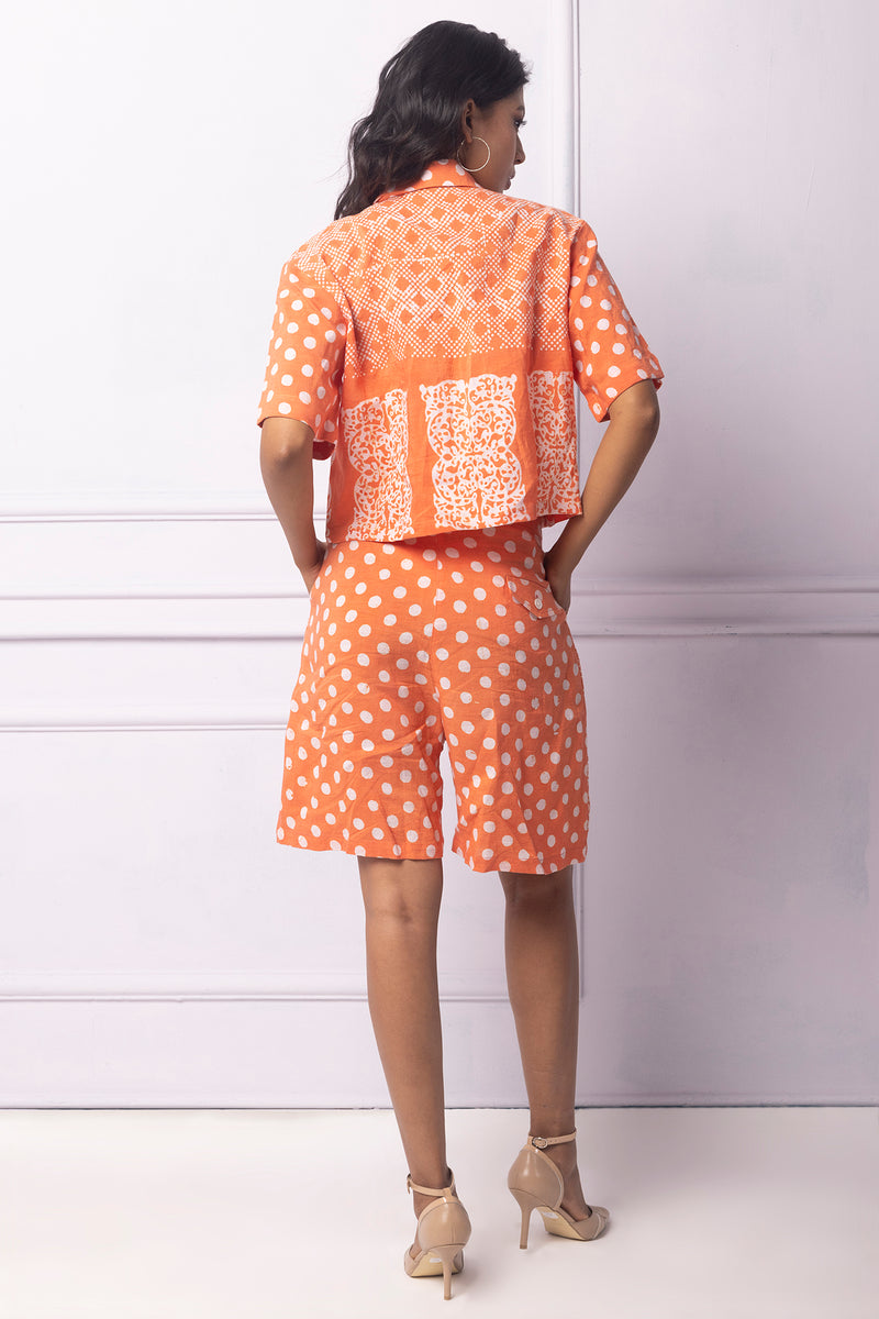 Orange High Waisted Printed Linen Shorts And Boxy Crop Shirt