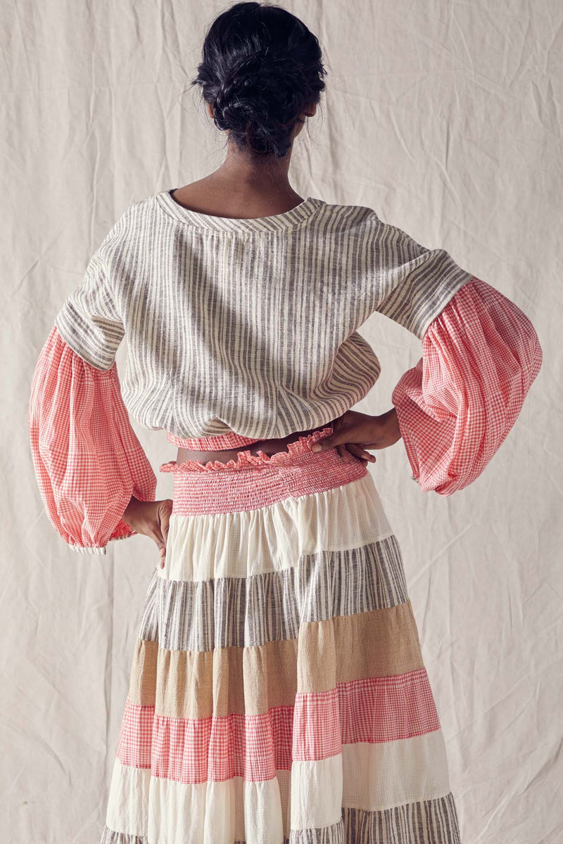 Fluted Sleeve Crop Top In Striped Organic Cotton And Red Checks Cotton Khadi Mulmul