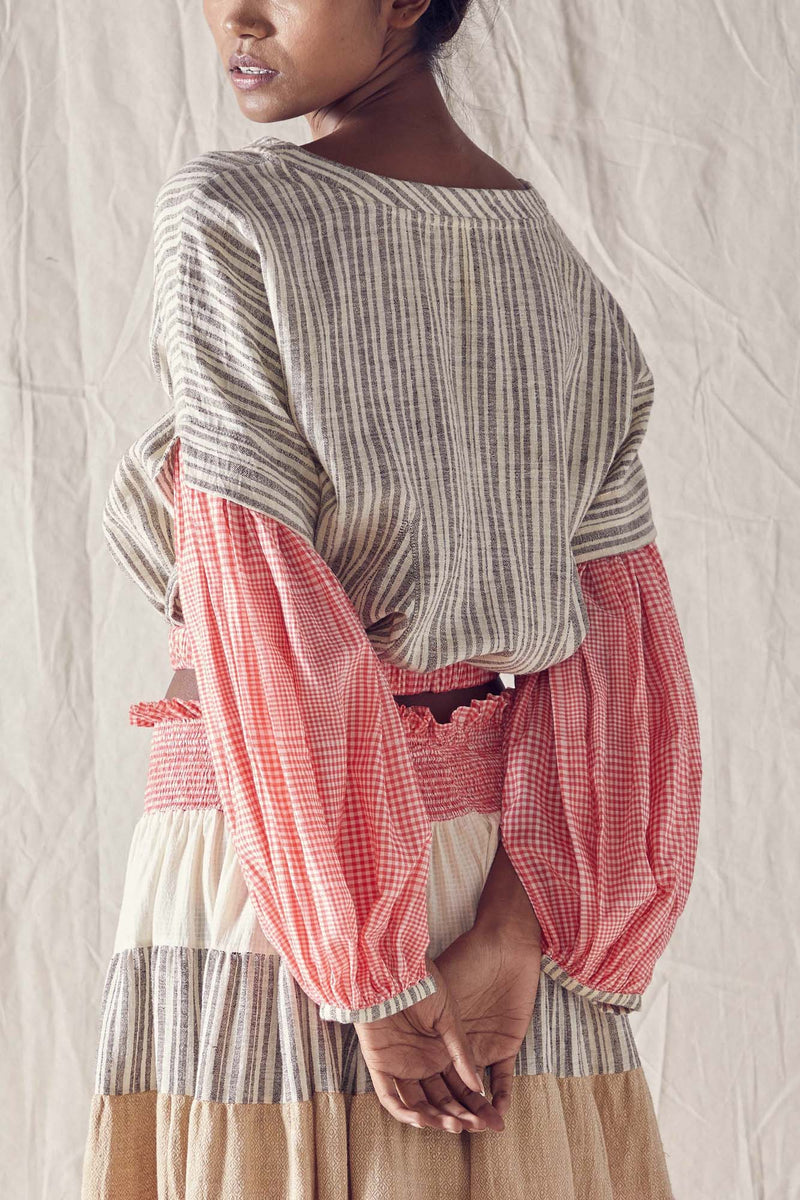 Fluted Sleeve Crop Top In Striped Organic Cotton And Red Checks Cotton Khadi Mulmul