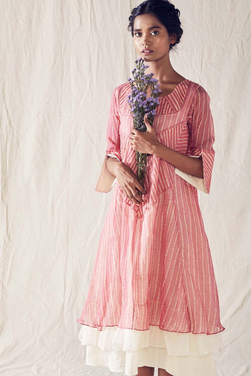 Dusted Pink Batik Layered Midi Dress On Handloom Kota Doria And Off White Checks Cotton Khadi Mulmul