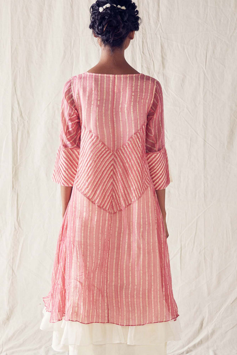 Dusted Pink Batik Layered Midi Dress On Handloom Kota Doria And Off White Checks Cotton Khadi Mulmul
