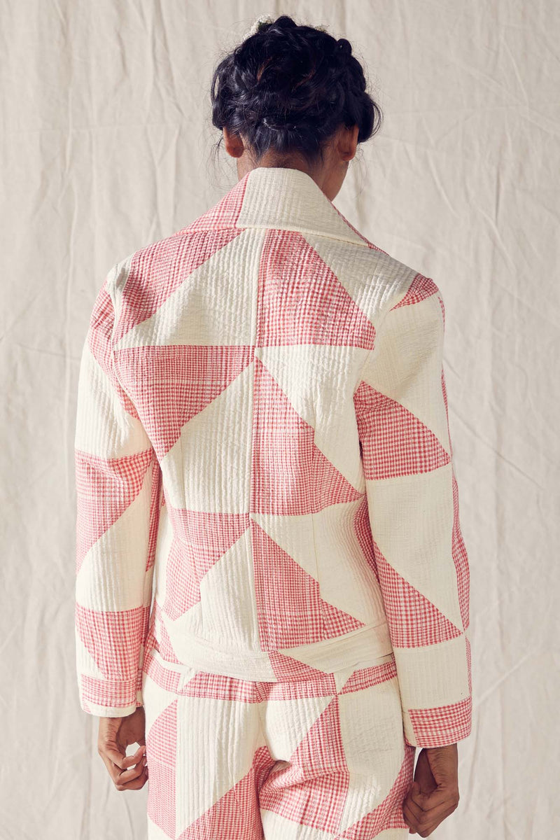 Quilted Pant And Jacket Co-Ord In Red And Off White Checks Cotton Khadi Mulmul
