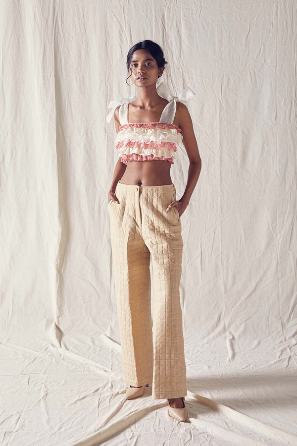 Quilted Beige Wide Leg Pants In Organic Cotton
