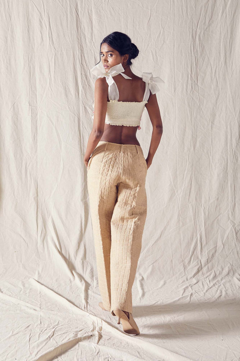 Quilted Beige Wide Leg Pants In Organic Cotton