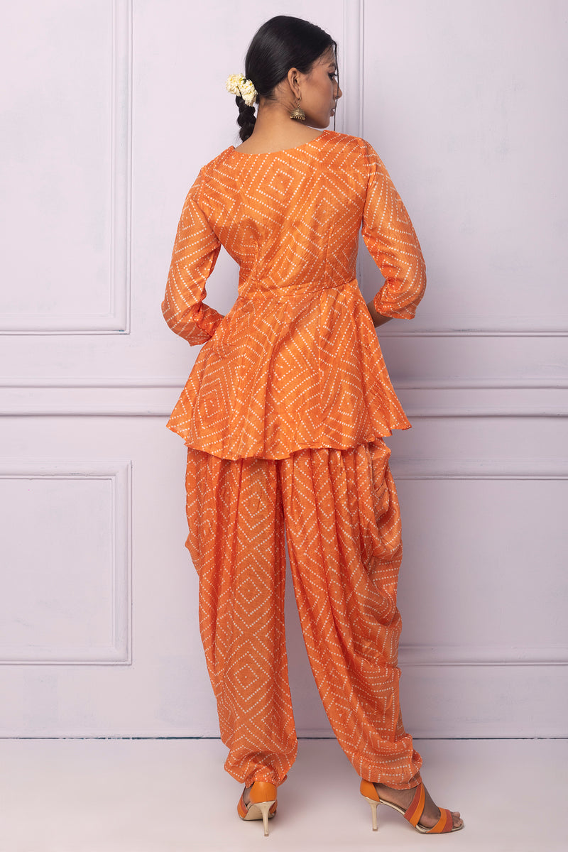 Orange Printed Dhoti Kurta Set