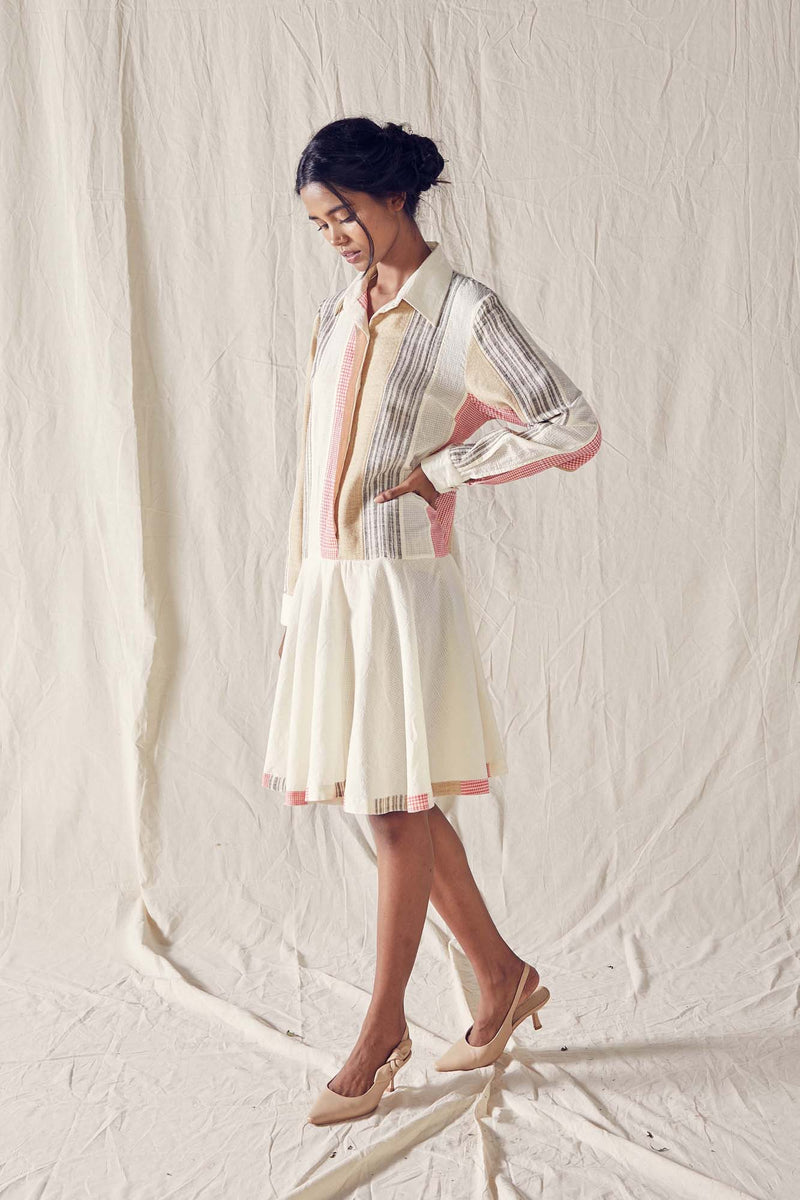 Panelled Shirt Dress With Full Sleeves In Red And Off White Checks Cotton Khadi Mulmul And Organic Cotton