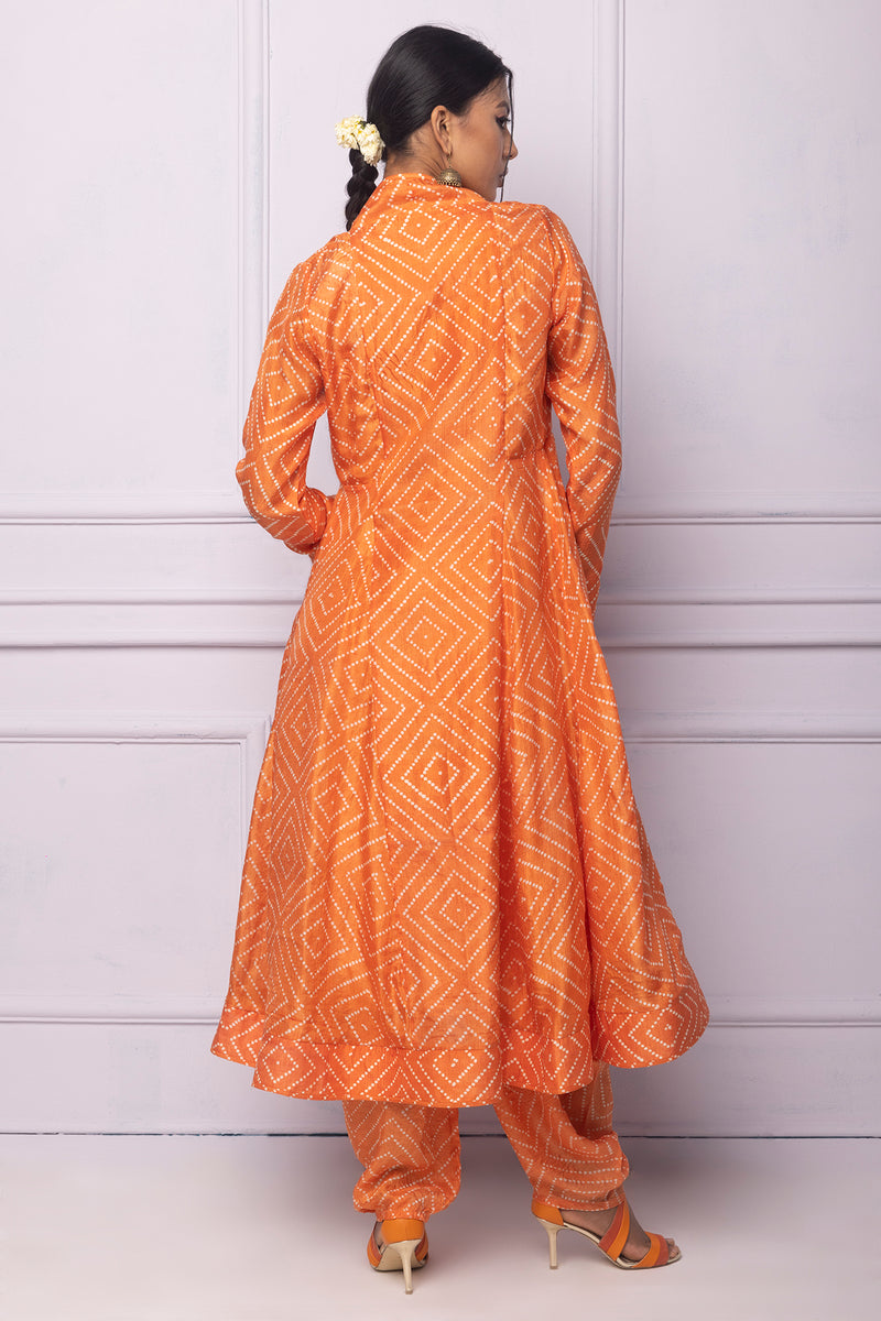 Orange Printed Silk A Line Kurti