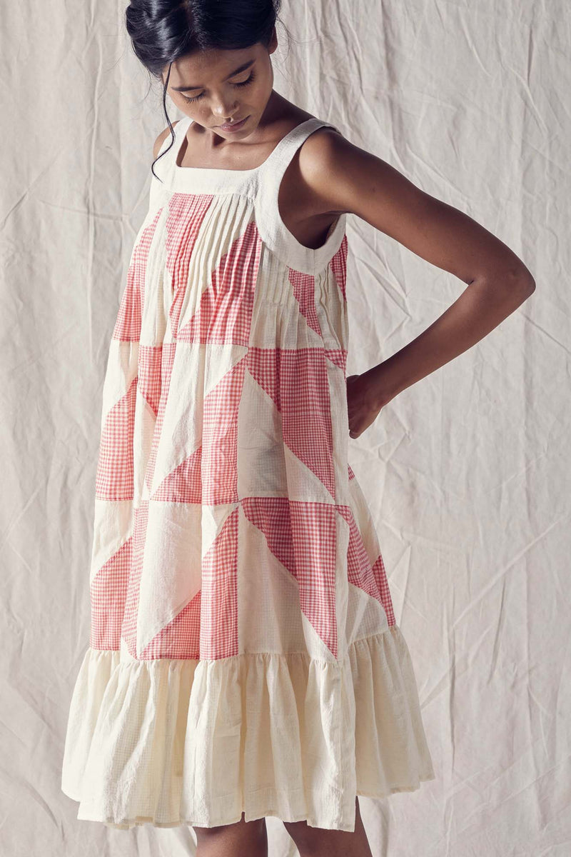 Pieced Sleeveless Summer Dress With Pleats In Red And Off White Checks Cotton Khadi Mulmul