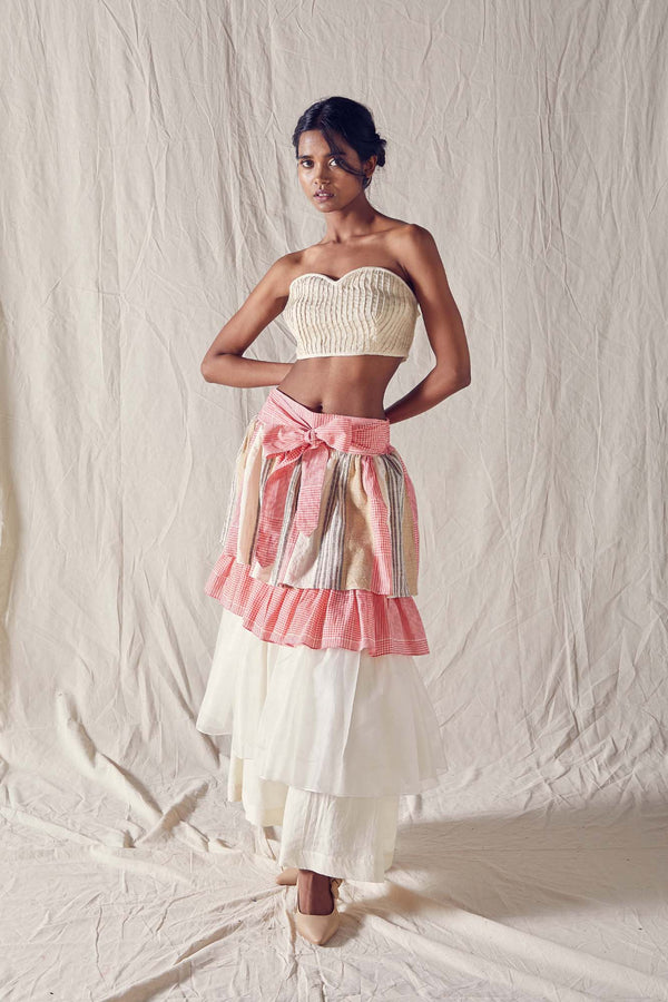 Maxi Tiered Skirt In Red Checks And Off White Cotton Khadi Mulmul And Silk Organza With Bow Tie