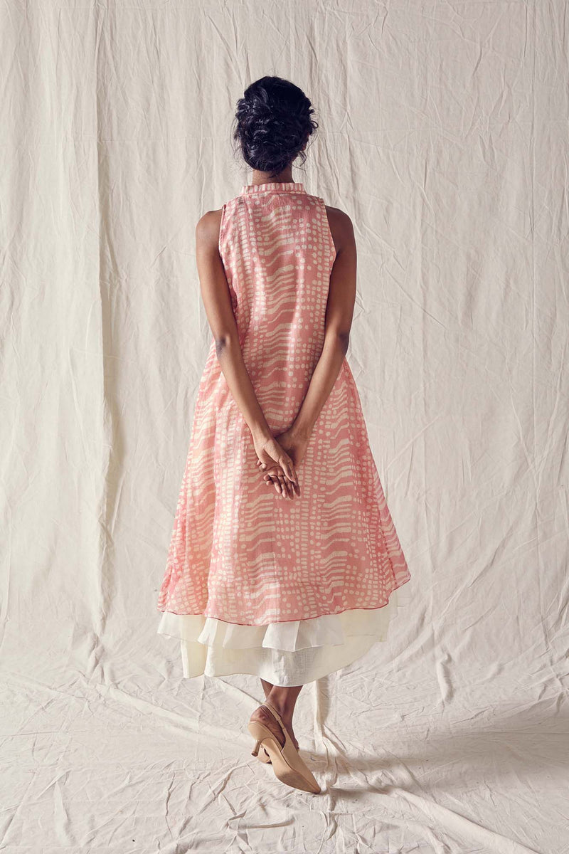 Dusted Pink Batik Sleeveless Dress In Handloom Kota Doria And Off White Checks Cotton Khadi Mulmul
