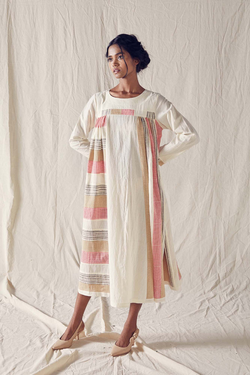 Panelled Yoke Dress In Off White Cotton Khadi Mulmul