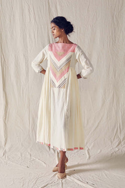 Pieced Yoke Dress In Off White Cotton Khadi Mulmul