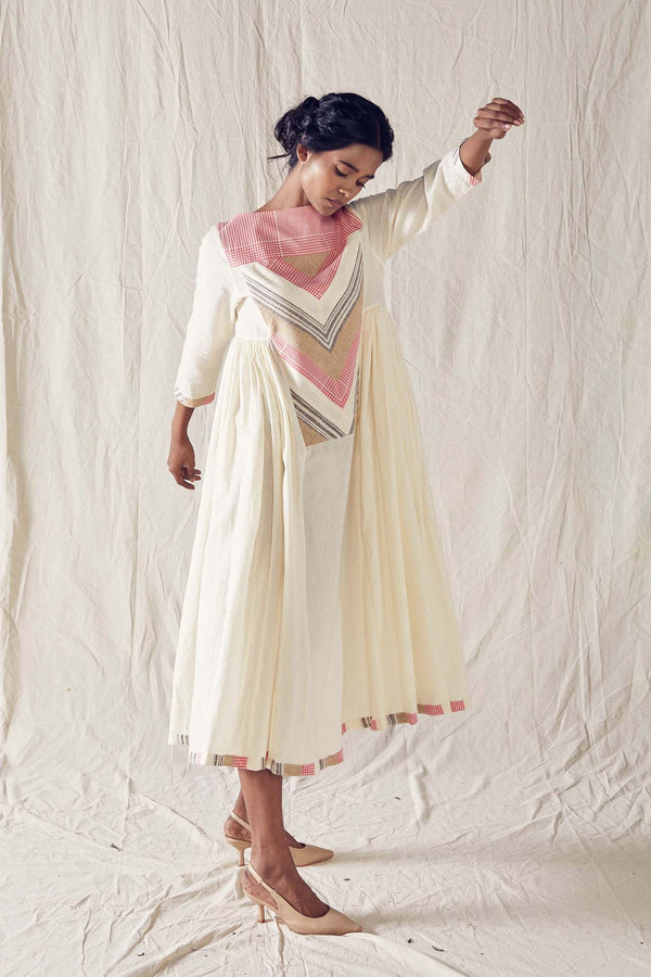 Pieced Yoke Dress In Off White Cotton Khadi Mulmul