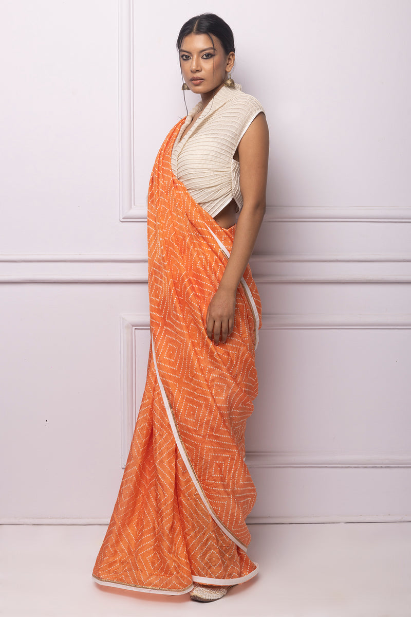 Orange Batik  Printed Silk Saree