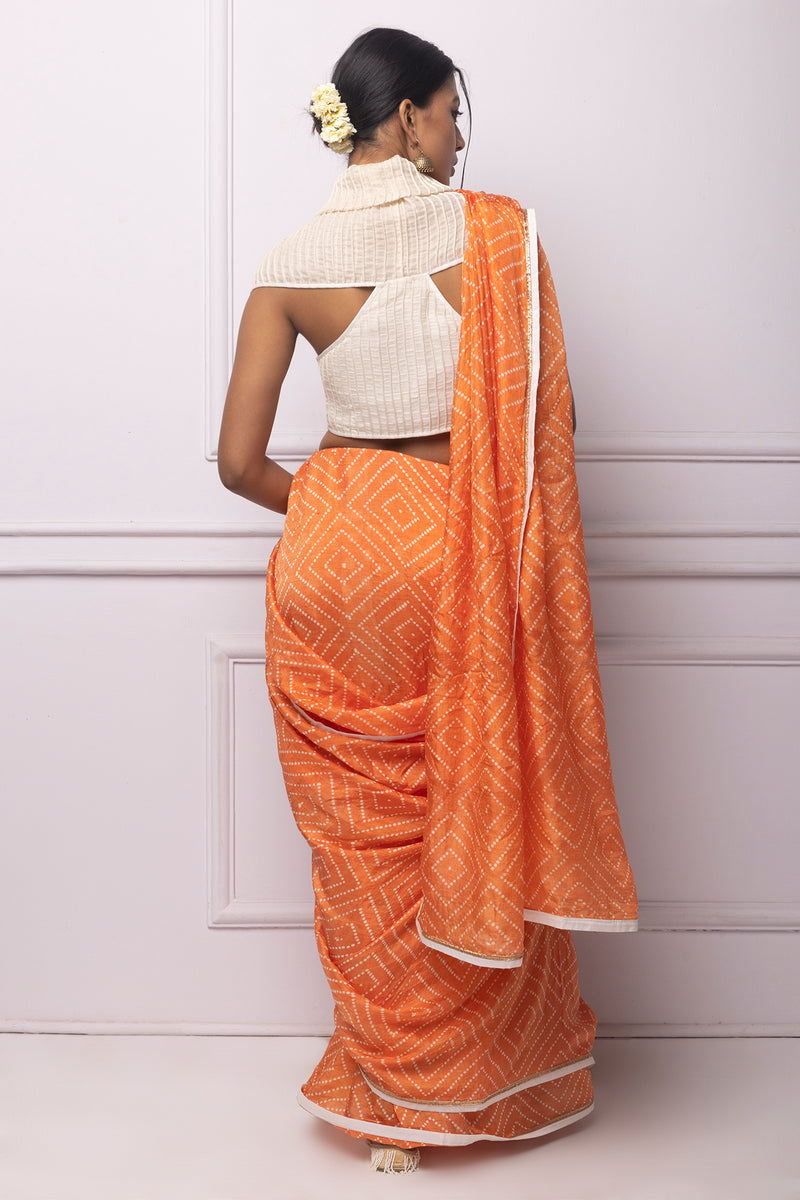 Orange Batik  Printed Silk Saree