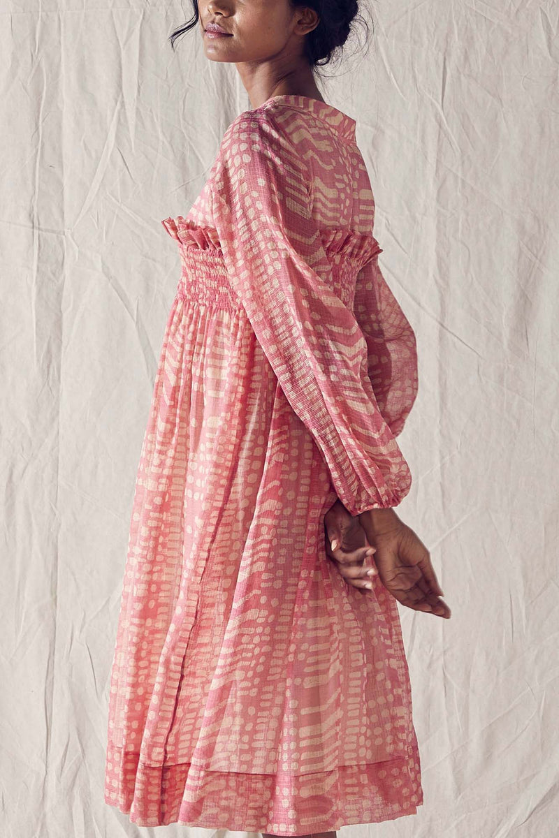 Dusted Pink Batik Smock Detail Dress In Handloom Kota Doria And Off White Checks Cotton Khadi Mulmul