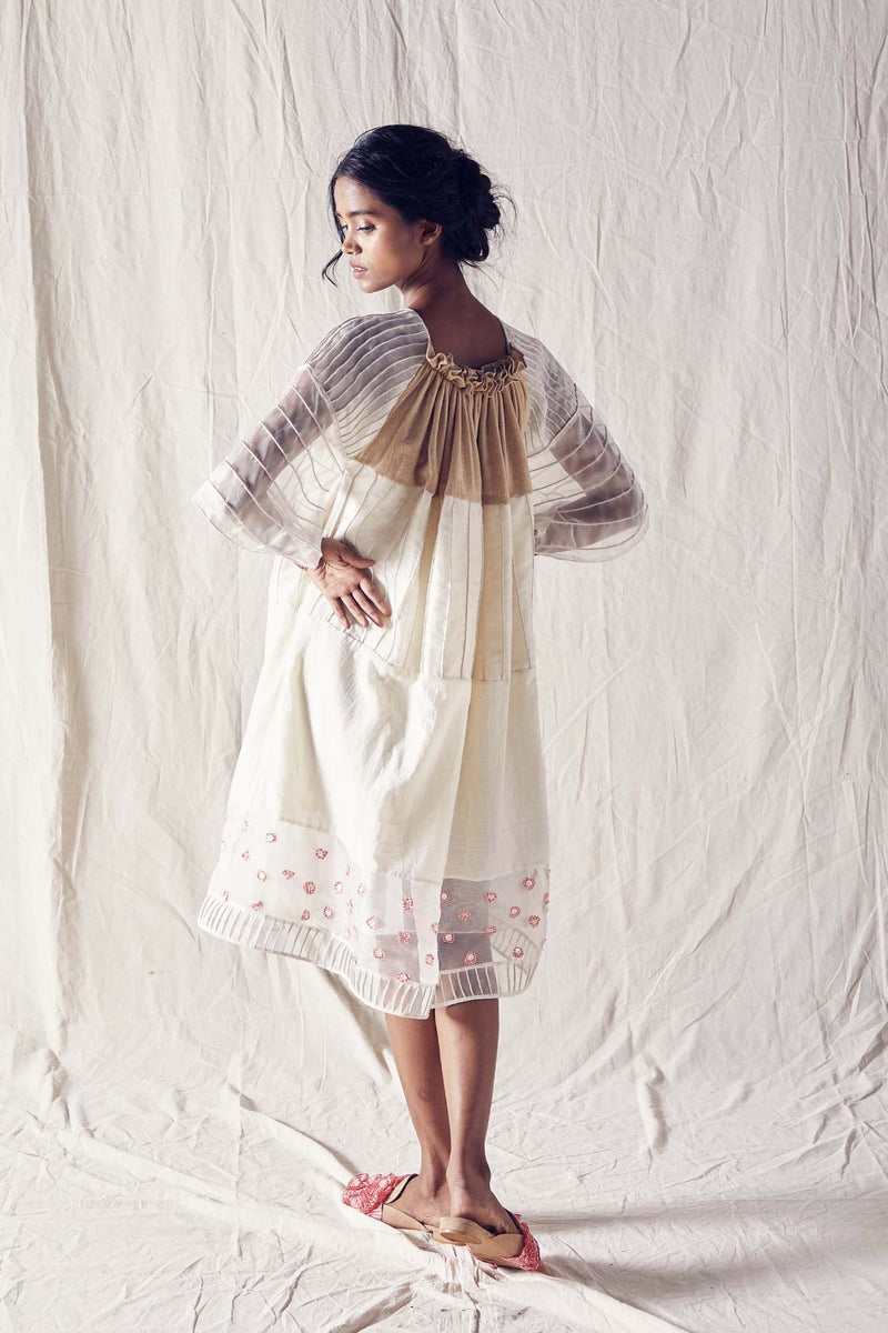 Gathered Neckline Dress In Beige Organic Cotton Off White Checks Cotton Khadi Mulmul And Silk Organza