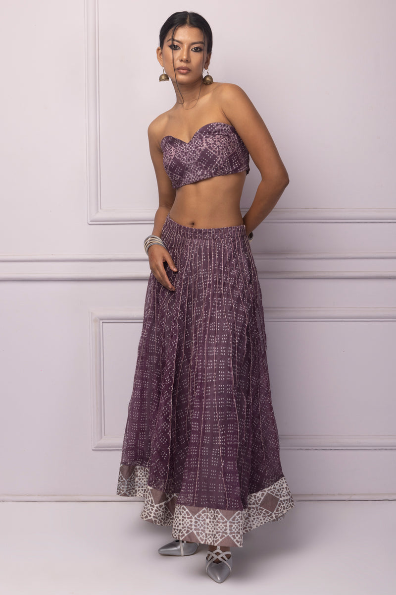 Purple Printed Linen organza Bustier And Corded Skirt