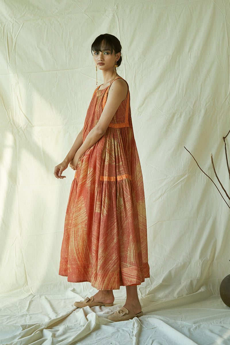 Batik Maxi Flare Dress-Rust In Cotton Silk Chanderi
