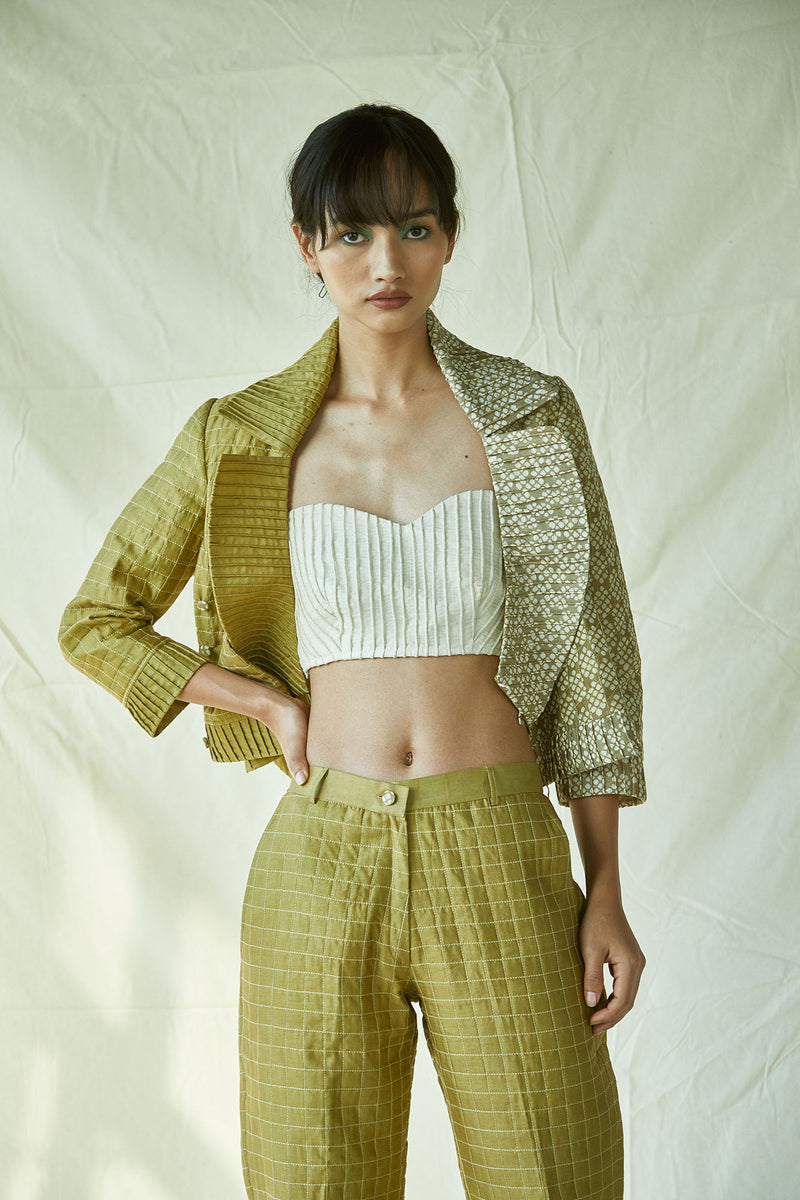 Quilted Green Pencil Pants In Cotton Silk Chanderi