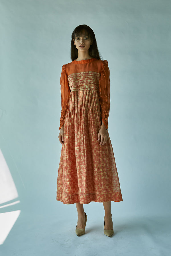 Rust Batik Corded Sleeve Maxi Dress