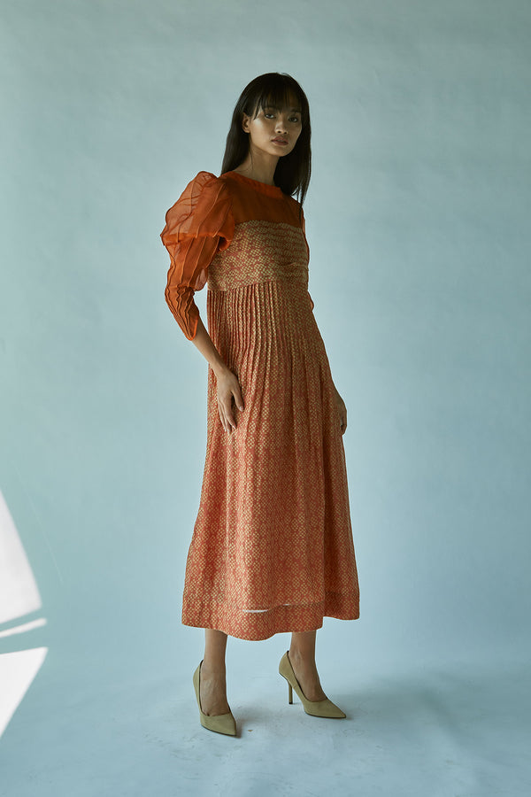 Rust Batik Corded Sleeve Maxi Dress