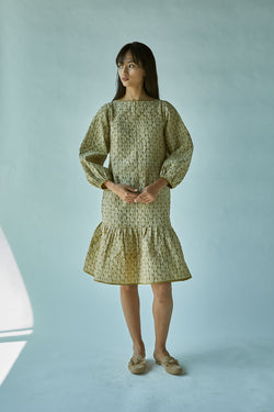 Quilted Batik On Cotton Silk Chanderi Dress-Green