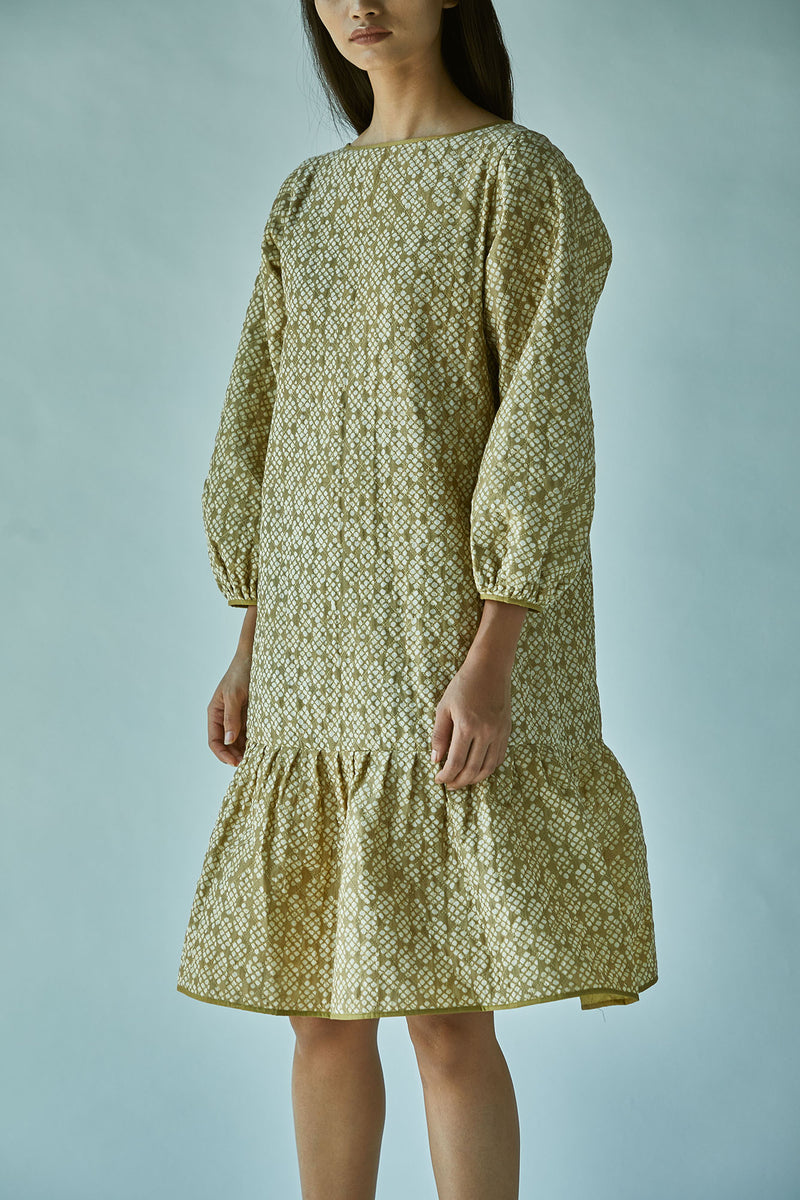 Quilted Batik On Cotton Silk Chanderi Dress-Green