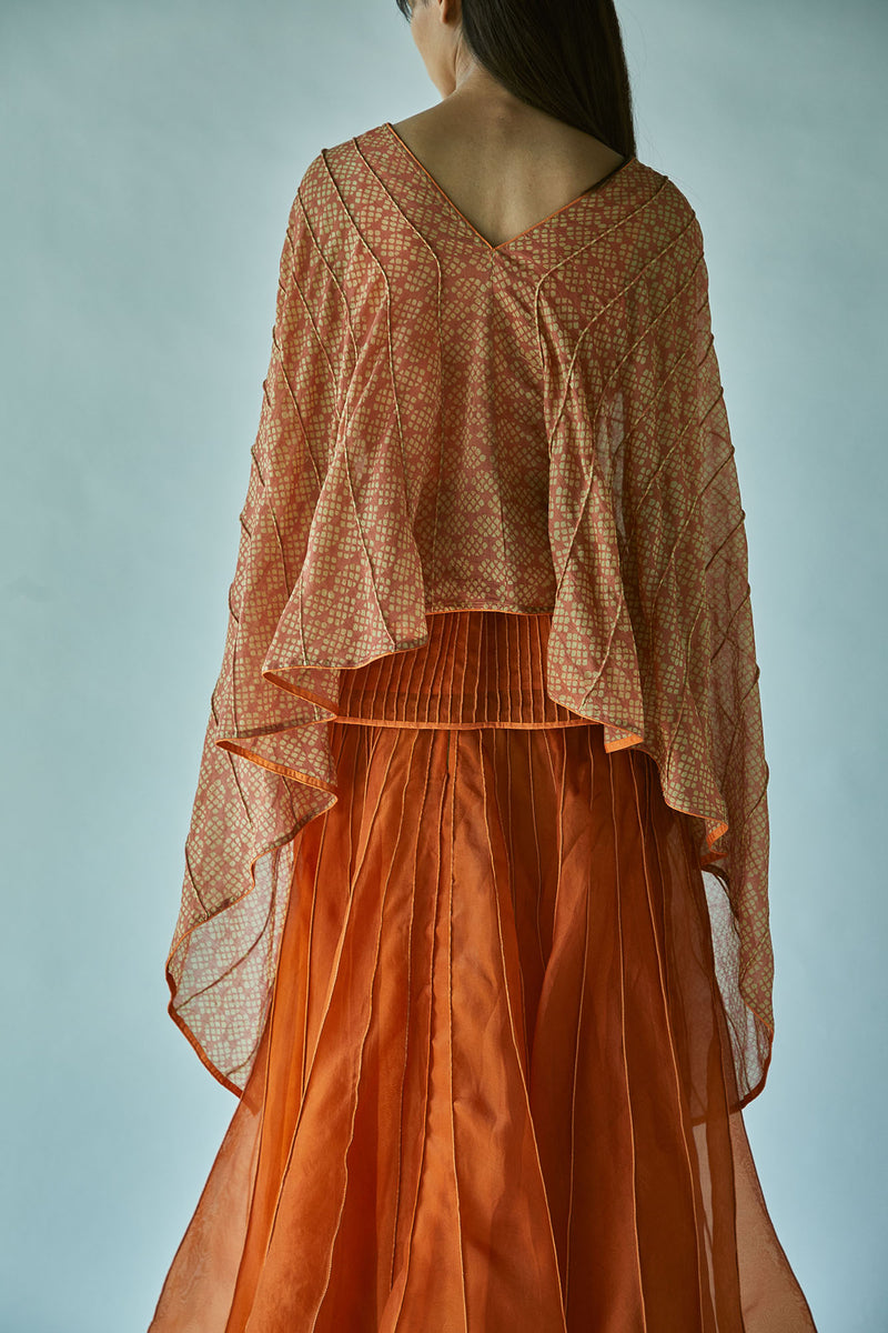 Rust Batik Cape Top In Cotton Silk Chanderi And Silk Organza